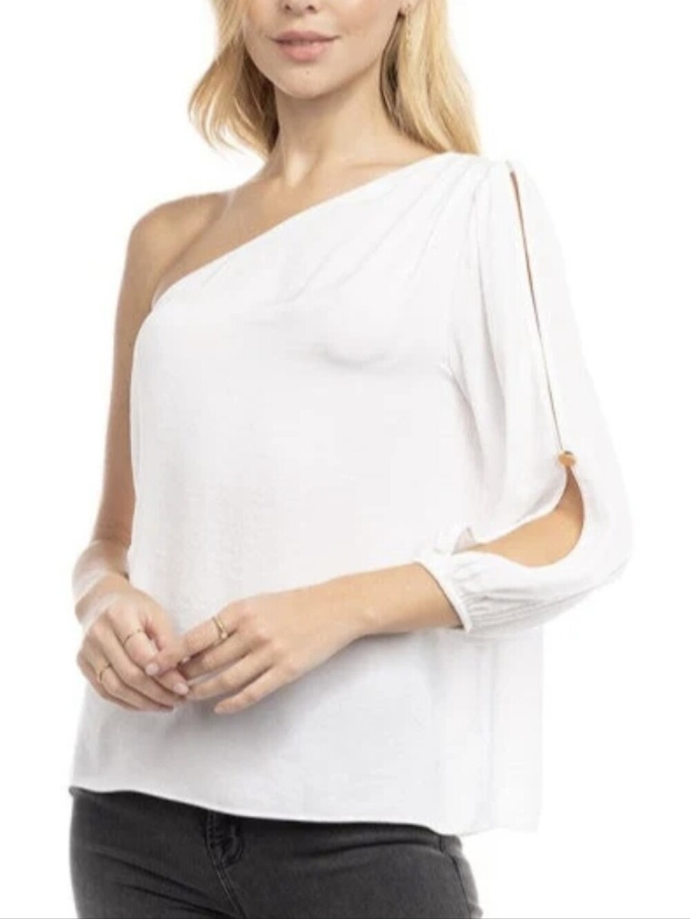 Naked Zebra White One-Shoulder Split-Sleeve Top Blouse Medium*B - Picture 1 of 6